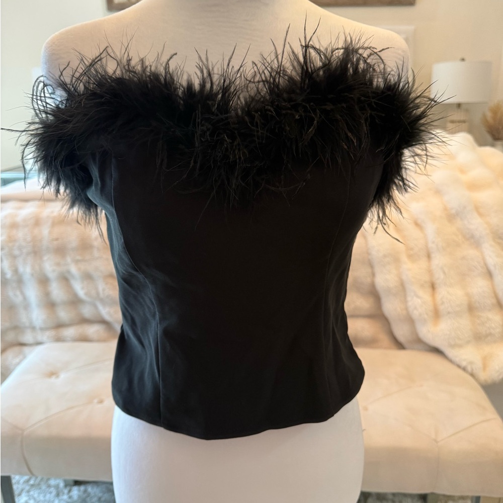 Black Feather-Trim Strapless Bustier Top